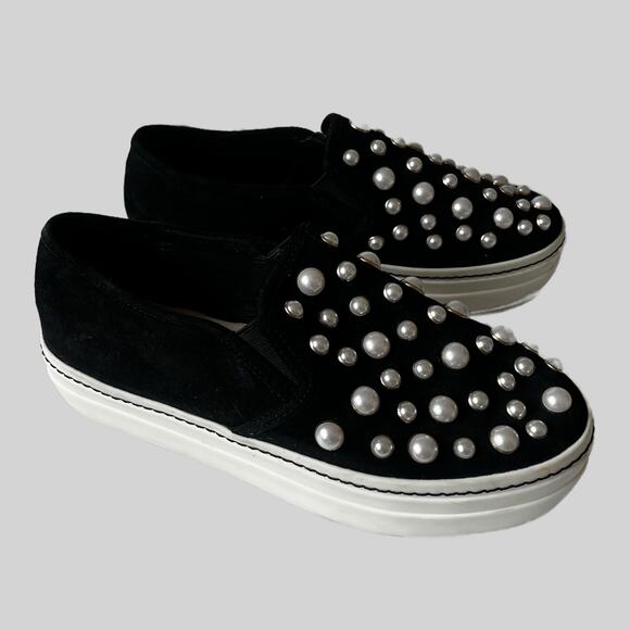 Alice + Olivia Sasha Platform Pearl Studded Slip On Sneaker Black 37/7 - Picture 1 of 8